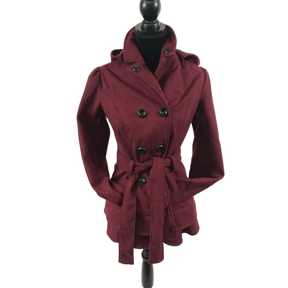 BSweet Solid Peacoat M Burgundy Removable Hood Puff Shoulder Dark Academia SEO